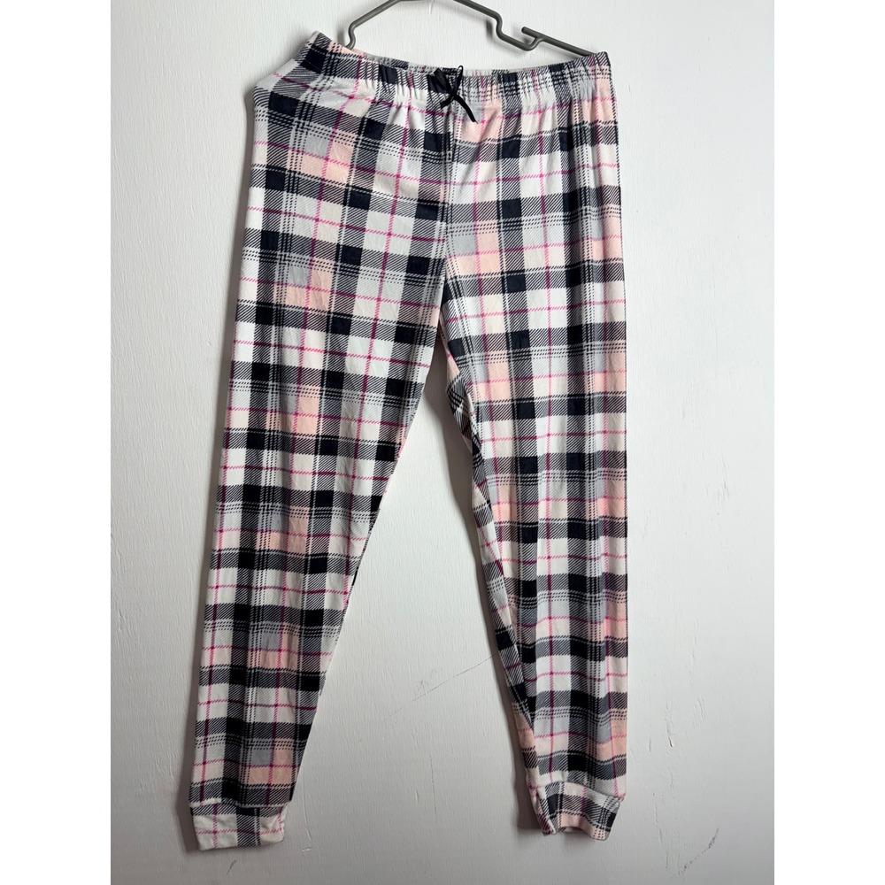 Love to Sleep Womens Plaid Pajama Jogger Pants Pink Black White Fleece Large
